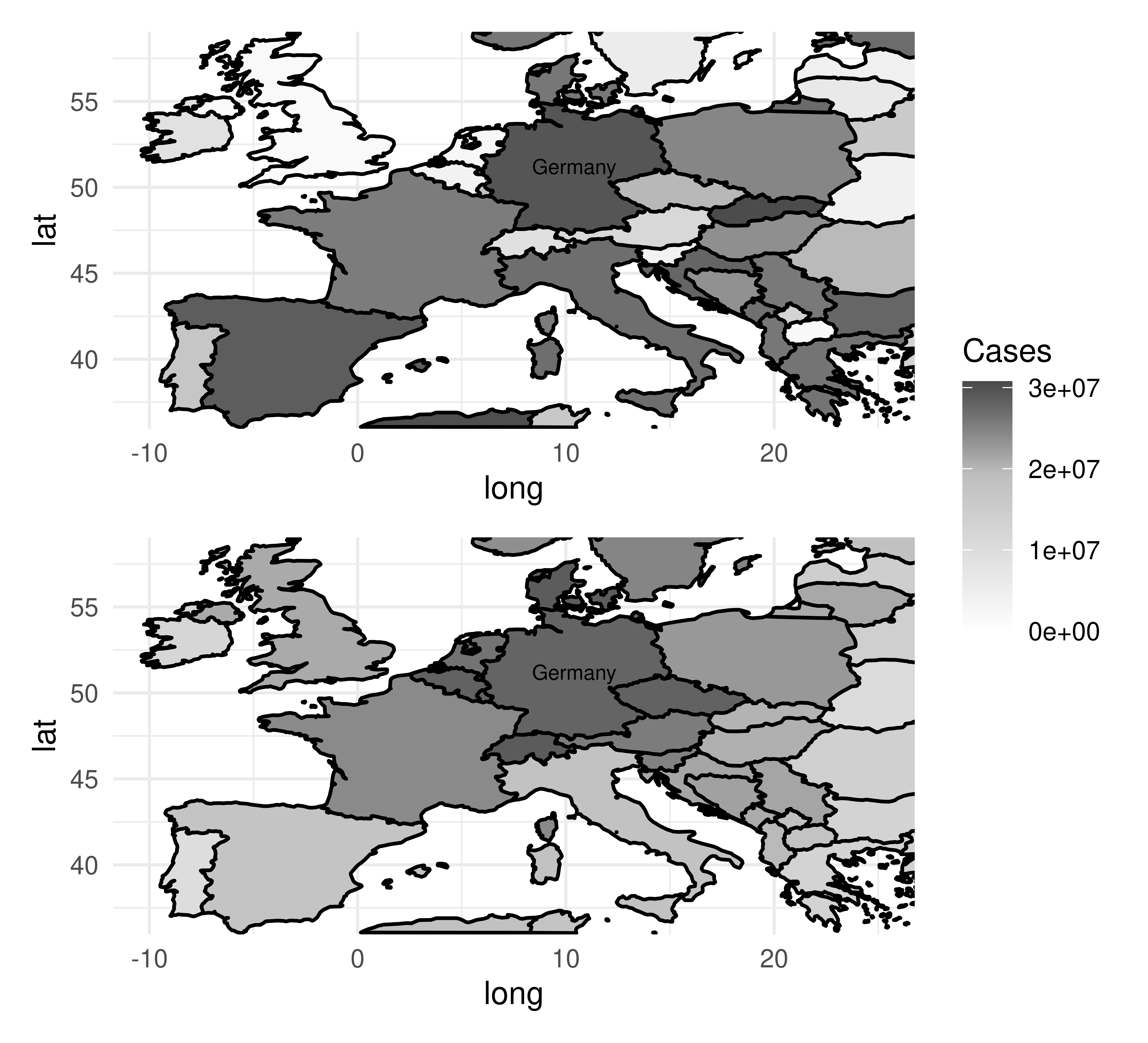 Image shows two separate maps of Europe. Top map has a random distribution of colors from white to dark gray. Bottom map shows darkest color (dark gray) at Germany with increasing lightness as the countries are increasingly further away.