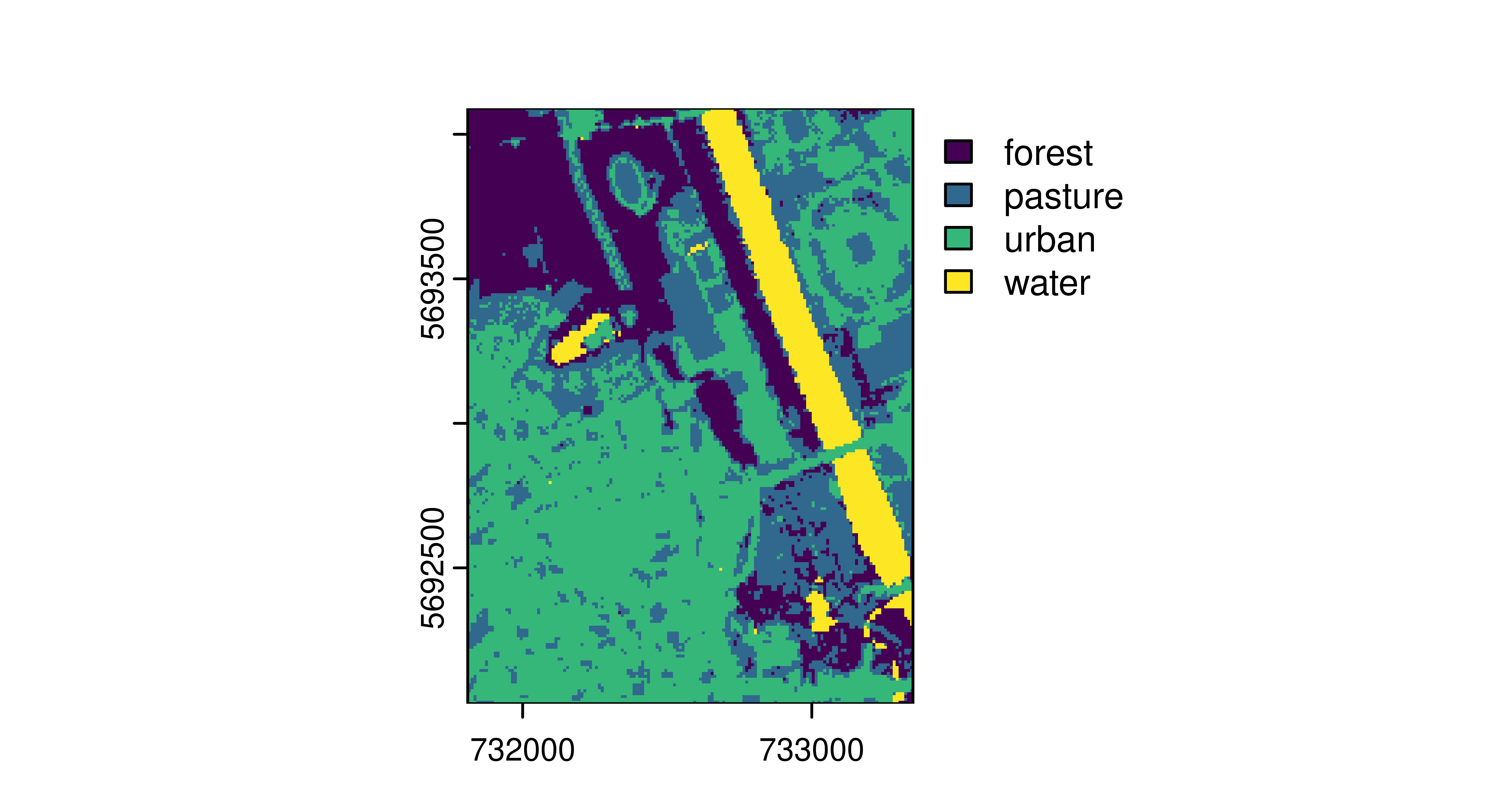 Very zoomed-in map with x-axis from 732000 to 733000 and 5692500 to 5693500 on y-axis. Different clusters are colored in green, blue, purple and yellow.